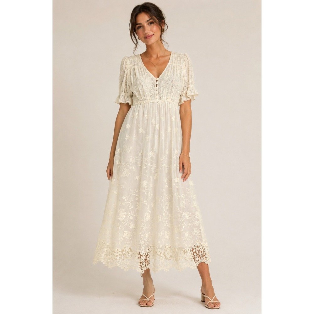 Johnny Was Ambre Cream Eyelet Embroidered Lace Midi Dress Ivory Medium